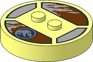 Brick  4 x  4 x  0.667 Round with RFID Tag and  2 Studs with Silver Jurassic World Logo on Brown and Grey Pattern