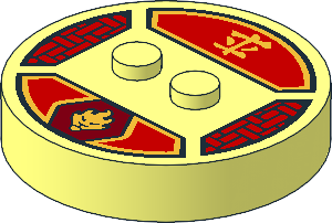 Brick  4 x  4 x  0.667 Round with RFID Tag and  2 Studs with Gold Lion Head and Ninjago Logogram "Fire" Pattern