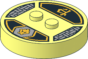 Brick  4 x  4 x  0.667 Round with RFID Tag and  2 Studs with Gold Gorilla Head and Ninjago Logogram "Earth" Pattern