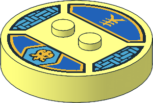 Brick  4 x  4 x  0.667 Round with RFID Tag and  2 Studs with Gold Octopus and Ninjago Logogram "Lightning" Pattern