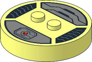 Brick  4 x  4 x  0.667 Round with RFID Tag and  2 Studs with Silver Armour Plating Pattern, Stylized "C" and Gear Pattern