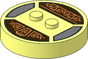 Brick  4 x  4 x  0.667 Round with RFID Tag and  2 Studs with Copper Symbols and Silver Wavy Lines Pattern