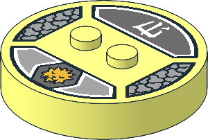 Brick  4 x  4 x  0.667 Round with RFID Tag and  2 Studs with Gold Sabertooth Tiger Head, Hexagons and White "Ice" Logogram Pattern