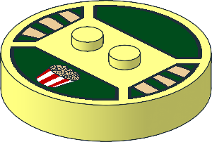 Brick  4 x  4 x  0.667 Round with RFID Tag and  2 Studs with Red and White Popcorn Bucket and Tan Stripes Pattern