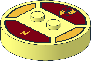 Brick  4 x  4 x  0.667 Round with RFID Tag and  2 Studs with Hogwarts Gryffindor Crest and Lightning Bolt Pattern