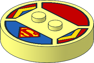Brick  4 x  4 x  0.667 Round with RFID Tag and  2 Studs with Superman Logo and Red, Yellow and Blue Stripes Pattern
