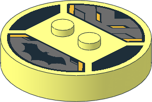 ~Brick  4 x  4 x  0.667 Round - Top with  2 Studs with Black Bat Symbol Pattern