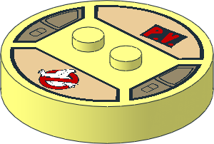 ~Electric Brick  4 x  4 x  0.667 Round - Top with  2 Studs with Ghostbusters Logo and "P.V." Pattern