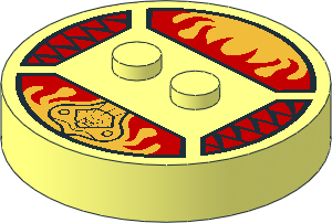 ~Electric Brick  4 x  4 x  0.667 Round - Top with  2 Studs with Golden Lion Head and Red Flames Pattern