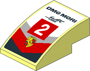 Slope Brick Curved  3 x  2 with Porsche Logo in Black, Red and Grey Stripes and White 2 in Red Square on White Background Sticker