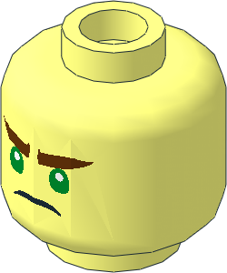 Minifig Head with Green Eyes, White Pupils, Reddish Brown Eyebrows and Scowl Pattern