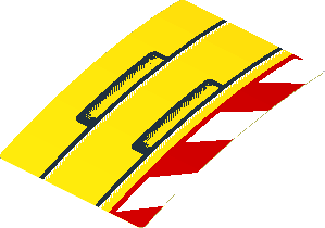 Sticker  2.6 x  3.5 with Black Lines and Rectangles and Red and White Danger Stripes Leaning Left (Formed)