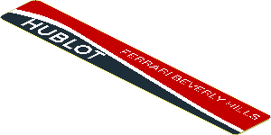 Sticker  0.6 x  3.8 with White "Ferrari Beverly Hills" and White Stripe on Black and Red Background