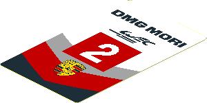 Sticker  3.0 x  1.8 with Porsche Logo in Black, Red and Grey Stripes and White 2 in Red Square on White Background