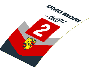 Sticker  3.0 x  1.8 with Porsche Logo in Black, Red and Grey Stripes and White 2 in Red Square on White Background (Formed)