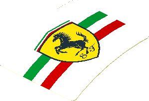 Sticker  1.8 x  1.9 with Ferrari Rounded Badge on Tricolor Stripe on White Background Right (Formed)