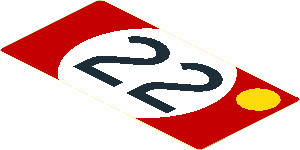 Sticker  1.9 x  3.8 with Black Number 22 in White Disc and Yellow Disc on Red Background Right