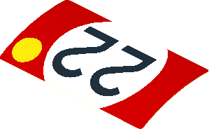 Sticker  1.9 x  3.8 with Black Number 22 in White Disc and Yellow Disc on Red Background Right (Formed)