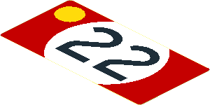 Sticker  1.9 x  3.8 with Black Number 22 in White Disc and Yellow Disc on Red Background Left
