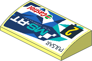 Slope Brick Curved  2 x  4 with Yellow "2" on Black Square and Logos on Blue and White Background Left Sticker