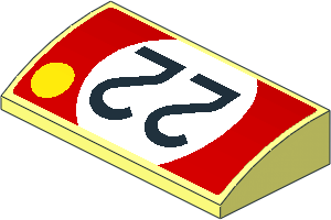 Slope Brick Curved  2 x  4 with Black Number 22 in White Disc and Yellow Disc on Red Background Right Sticker