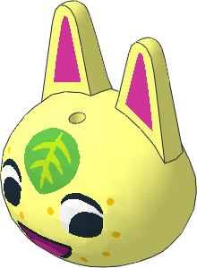 Minifig Head Animal Crossing Cat Tanguy with Bright Pink Ears. Bright Green and Lime Leaf, Yellow Spots and Magenta/Dark Pink Mouth Pattern