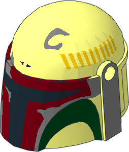 Minifig Helmet Mandalorian with Dark Red Visor, Dark Green Cheeks, Yellow Strokes and Metallic Silver Weathering Pattern Minifig Helmet Mandalorian with Dark Red Visor, Dark Green Cheeks, Yellow Strokes and Metallic Silver Weathering Pattern