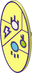 Minifig Shield Oval with White, Lime and Medium Azure Circles, Lightning Bolt and Dark Purple Lines Pattern