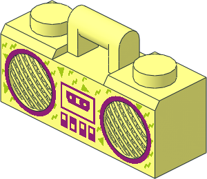 Minifig Boombox  1 x  3 x  1 with Magenta Rimmed Speakers, Cassette Player, Switches and Lime Decoration Pattern