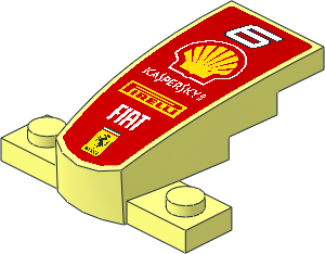 Slope Brick Curved Tapered 4 x 2 on Plate 1 x 4 with Number 6 and Logos on Red Face Sticker Slope Brick Curved Tapered 4 x 2 on Plate 1 x 4 with Number 6 and Logos on Red Face Sticker
