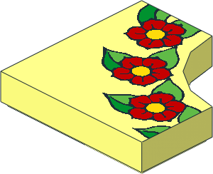 Tile  2 x  2 with  1 x  1 Quarter Circle Cutout with 3 Red and Yellow Flowers on LtGreen/Green Leaves Pattern