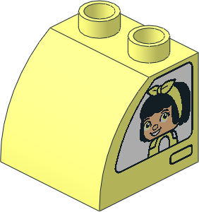 Duplo Brick 2 x 2 x 1.5 with Curved Front with Boy with Cap, Girl with Bow, and White Vehicle Windows Pattern Duplo Brick 2 x 2 x 1.5 with Curved Front with Boy with Cap, Girl with Bow, and White Vehicle Windows Pattern