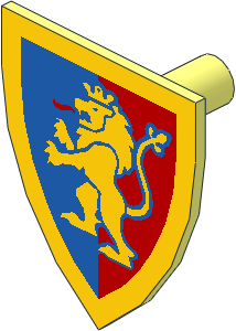 Minifig Shield Triangular with Yellow Lion with Raised Foot on Blue and Red Background with Border Pattern