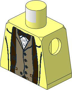 Minifig Torso with Trench Coat over Dark Brown Suit Jacket and Bow Tie, Dark Tan Vest and White Shirt Pattern