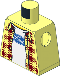 Minifig Torso with Ford Logo on White T-Shirt under Dark Red Tartan Shirt Pattern