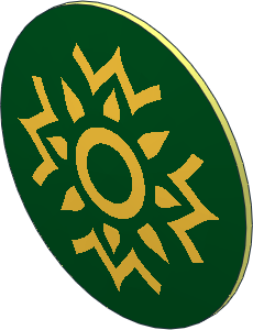 =Minifig Shield Round Bowed with DkGreen and Gold Rohan Pattern