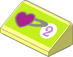 Slope Brick 31  1 x  2 x  0.667 with Heart and Medium Lavender "2" in White Circle on Lime Background Sticker