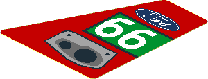 Sticker  2.2 x  1.7 with Ford Logo, Grey Exhaust Pipes and White Number 66 in Green Rectangle on Red Background Left