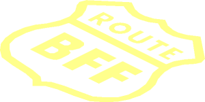 ~Tile  1 x  1 with Rounded End with White Highway Sign and "ROUTE BFF" Pattern - Coloured Outline and Text