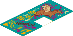 Sticker  6.2 x  2.9 with Cutout with Dark Red "Mirabel", Flowers, Sun and a Flying Capybara on Light Turquoise Background