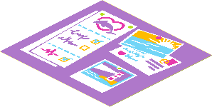 Sticker  2.7 x  2.9 with Medium Lavender Bulletin Board with Notes, Lighthouse Photo, Sunset and Postcard