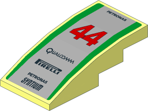 Slope Brick Curved  4 x  2 with Red 44, Black Logos and Green Stripes on Grey Background Sticker