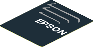 Sticker  2.2 x  1.8 with White "EPSON" and 3 Grey Stripes on Black Background Right