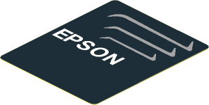 Sticker  2.2 x  1.8 with White "EPSON" and 3 Grey Stripes on Black Background Left