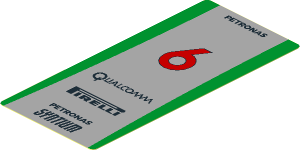 Sticker  4.0 x  1.8 with Red  6, Black Logos and Green Stripes on Grey Background