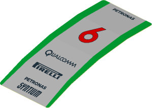 Sticker  4.0 x  1.8 with Red  6, Black Logos and Green Stripes on Grey Background (Formed)