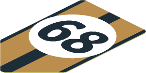 Sticker  2.4 x  1.4 with Black 68 in White Disc and Gold Stripes on Black Background