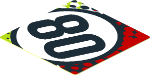 Sticker  1.7 x  1.7 with Number 80 Rotated Right in White Circle with Red, Black and Lime Background