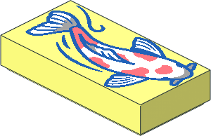 Tile  1 x  2 with White Koi Fish with Coral and Light Bluish Grey Spots and Blue Outlines Pattern