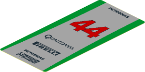 Sticker  4.0 x  1.8 with Red 44, Black Logos and Green Stripes on Grey Background